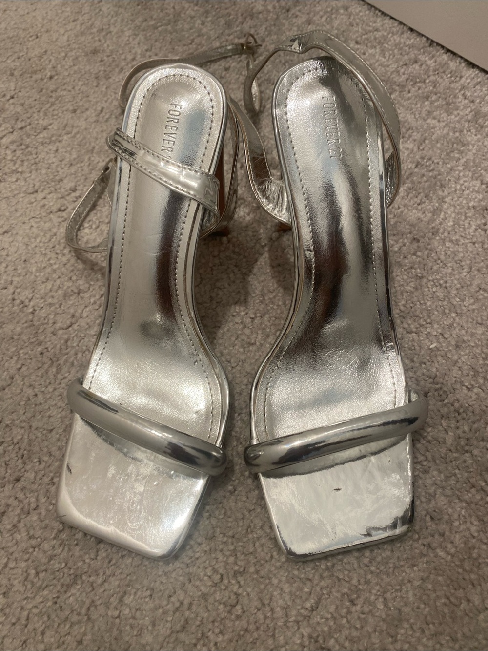 Forever 21 Silver Metallic Square-Toe Ankle Strap Heels